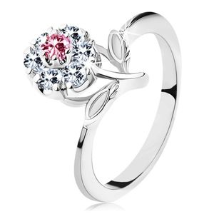 Lesklý prsten s růžovo-čirým zirkonovým kvítkem, stonek s lístky - Velikost: 53