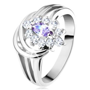 Lesklý prsten se stříbrnou barvou, světle fialové zrnko s čirými lupínky - Velikost: 54