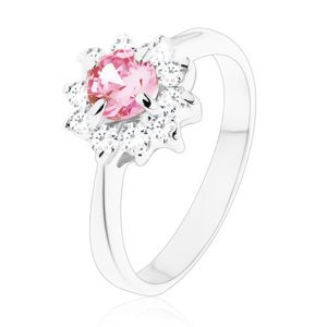 Lesklý prsten se zirkonovým kvítkem v růžové a čiré barvě, zúžená ramena - Velikost: 52