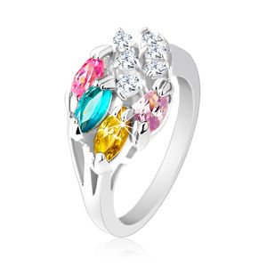 Lesklý prsten stříbrné barvy, barevná zirkonová zrnka, čiré zirkonky - Velikost: 55