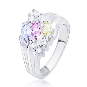 Lesklý prsten stříbrné barvy, rozvětvená ramena s barevnými oválnými zirkony - Velikost: 57