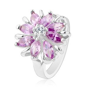Lesklý prsten, stříbrný odstín, blýskavý květ z barevných zrníčkovitých zirkonů - Velikost: 54, Barva: Světlemodrá