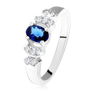 Lesklý prsten - stříbro 925, tmavě modrý oválný zirkon, čiré kamínky - Velikost: 52