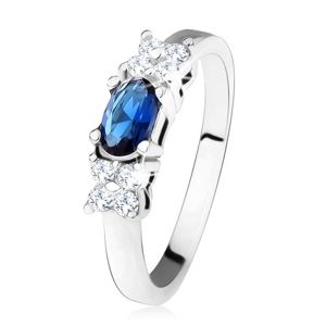 Lesklý prsten - stříbro 925, tmavě modrý oválný zirkon, čtyřlístek, čiré kamínky - Velikost: 55