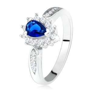 Lesklý prsten - stříbro 925, tmavě modrý zirkon - slza, čiré kamínky - Velikost: 55