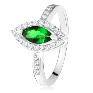 Lesklý prsten - stříbro 925, zrnkovitý zelený kámen s lemem, čiré zirkonky - Velikost: 59