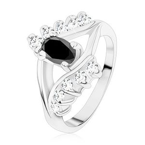 Lesklý prsten ve stříbrné barvě, hladké a zirkonové linie, černý ovál - Velikost: 49