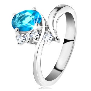 Lesklý prsten ve stříbrné barvě, oválný akvamarínový zirkon, úzká ramena - Velikost: 56