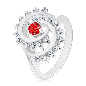 Lesklý prsten ve stříbrné barvě, spirála s čirým lemem, červený kulatý zirkon - Velikost: 51