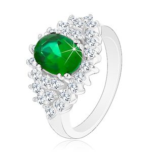 Lesklý prsten ve stříbrném odstínu, broušené čiré zirkonky, tmavě zelený ovál - Velikost: 48