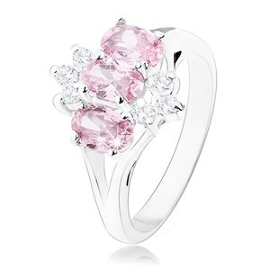 Lesklý prsten ve stříbrném odstínu, růžové zirkonové ovály, čiré zirkonky - Velikost: 58