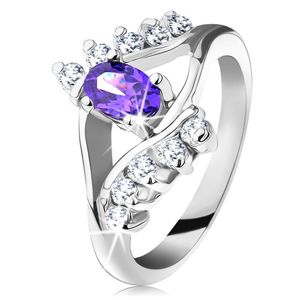 Lesklý prsten ve stříbrném odstínu s fialovým oválným zirkonem, čirá linie - Velikost: 58