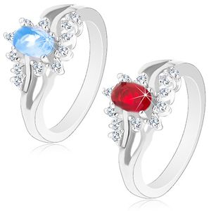 Lesklý prsten ve stříbrném odstínu s rozdvojenými rameny, broušené zirkony - Velikost: 52, Barva: Světlemodrá