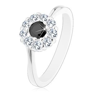 Lesklý prsten ve stříbrném odstínu, zirkonový kvítek s černým středem - Velikost: 58