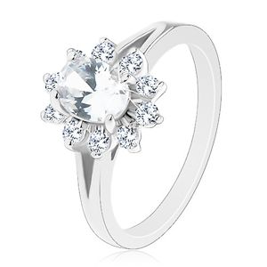 Lesklý prsten ve stříbrném odstínu, zirkonový oválný kvítek čiré barvy - Velikost: 55