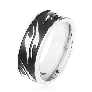 Lesklý prsten z chirurgické oceli, černý pás zdobený motivem tribal - Velikost: 70