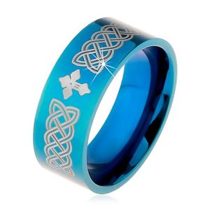 Lesklý prsten z oceli 316L, modrá barva, keltské symboly a kříž, 8 mm - Velikost: 65
