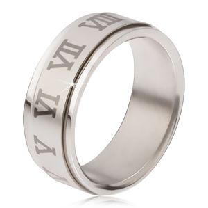 Lesklý prsten z oceli - matná točící se obruč, šedé římské číslice - Velikost: 70