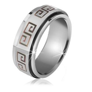 Lesklý prsten z oceli - matná točící se obruč, šedý řecký klíč - Velikost: 56