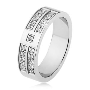 Lesklý prsten z oceli stříbrné barvy, ozdobné linie čirých zirkonů - Velikost: 59