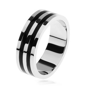 Lesklý prsten ze stříbra 925, dva černé pruhy - Velikost: 64