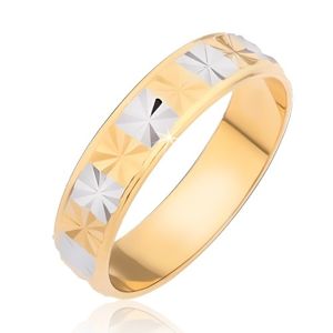 Lesklý prsten - zlaté a stříbrné obdélníky s diamantovým řezem - Velikost: 49