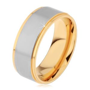 Lesklý stříbrno-zlatý ocelový prsten se dvěma zářezy - Velikost: 62