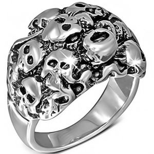 Lesklý stříbrný ocelový prsten - shluk lebek - Velikost: 54