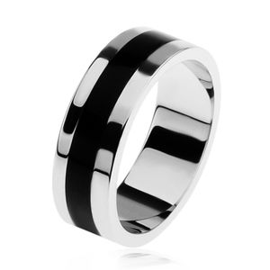 Lesklý stříbrný prsten 925, černý glazovaný pásek uprostřed - Velikost: 64