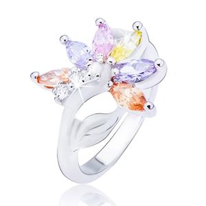 Lesklý stříbrný prsten, květ s barevnými zirkonovými lupeny - Velikost: 59