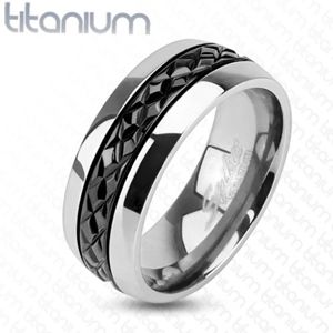 Lesklý titanový prsten stříbrné barvy, příčné zářezy na černém pásu, 8 mm - Velikost: 60