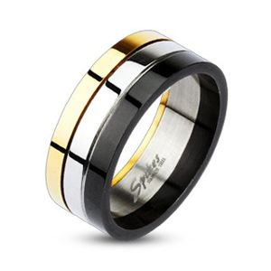 Lesklý tříbarevný prsten z oceli - Velikost: 63