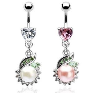 Luxusní piercing do břicha perla se zeleným lístkem - Barva zirkonu: Růžová - P