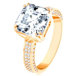 Luxusní zlatý prsten 585 - velký broušený zirkon v ozdobném kotlíku, zirkonové linie - Velikost: 58