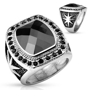 Masivní ocelový prsten stříbrné barvy, velký černý kámen a kulaté zirkonky - Velikost: 59