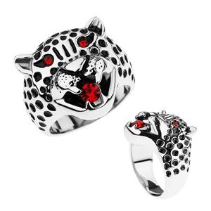 Masivní prsten, ocel 316L, hlava leoparda, červené zirkony - Velikost: 65