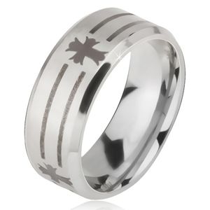 Matný ocelový prsten - stříbrná obroučka na prst, potisk pásů a kříže - Velikost: 52