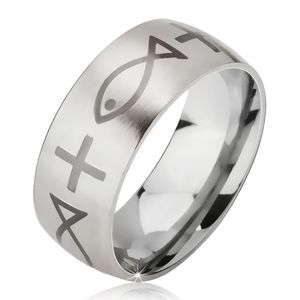 Matný ocelový prsten - stříbrná obroučka, potisk kříže a ryby - Velikost: 68