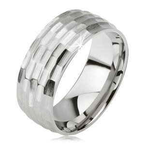 Matný prsten z chirurgické oceli - stříbrný, vyhloubený vzor malých oválů - Velikost: 60