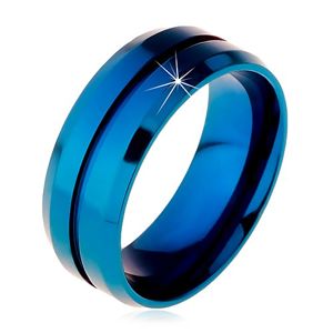 Modrý prsten z chirurgické oceli, úzký zářez uprostřed, zkosené okraje, 8 mm - Velikost: 68
