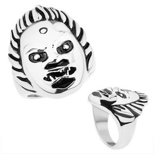 Mohutný ocelový prsten, lesklý povrch, tvář démona, stříbrný odstín - Velikost: 74
