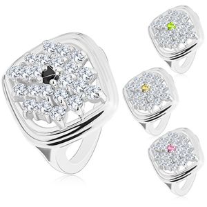 Mohutný prsten stříbrné barvy, kosočtverec zdobený blýskavými zirkony - Velikost: 54, Barva: Růžová