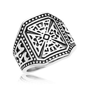 Mohutný prsten stříbrné barvy, ocel 316L, maltézský kříž, zdobená ramena - Velikost: 66
