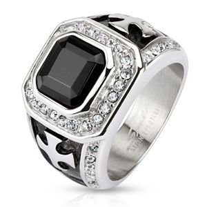 Mohutný prsten z chirurgické oceli, černý zirkonový čtverec, čiré linie, kříže - Velikost: 65