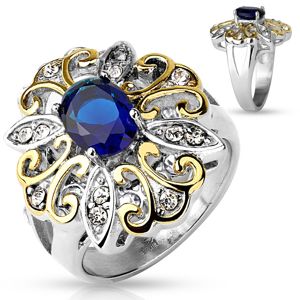 Mohutný prsten z oceli 316L, velký dvoubarevný květ, tmavomodrý oválný zirkon - Velikost: 52
