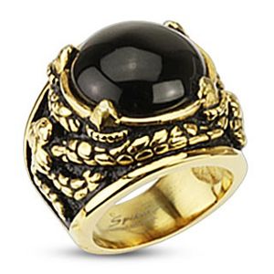Mohutný zlatý prsten z chirurgické oceli, onyx v dračích spárech - Velikost: 62