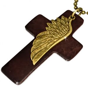 Náhrdelník - hnědý kožený kříž, křídlo, armádní řetízek