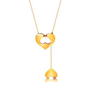 Náhrdelník v 9K zlatě - jemný řetízek, srdce s výřezem a visící obrácené srdíčko