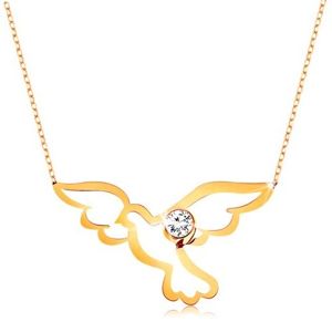Náhrdelník ve žlutém 14K zlatě - lesklý symbol holubice s čirým zirkonkem, řetízek