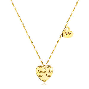 Náhrdelník ze zlata 585 - dvě souměrná srdíčka s nápisem "Love" a "Me"